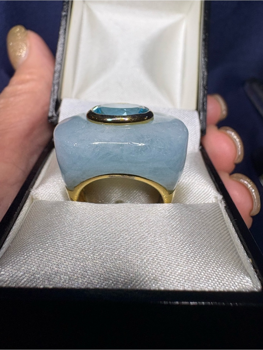 Ring Blue Amazonite Cabochon Blue Topaz Gold Vermeil Sterling Silver - Picture 4 of 10